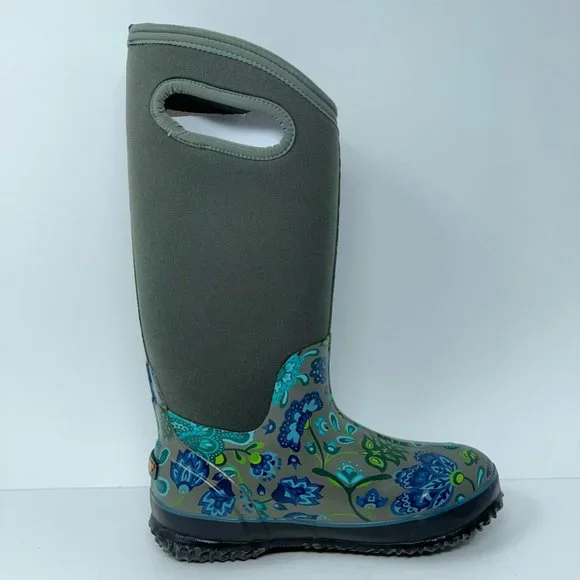 Bogs Womens Classic Winter Blooms Boots Blue Gray Floral Mid Calf Pull On 6 New